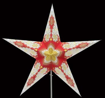 Royal rot/weiß Glitter  - Faltbarer Leuchtstern, Weihnachtsstern aus Papier mit 5 Zacken, 60 cm
